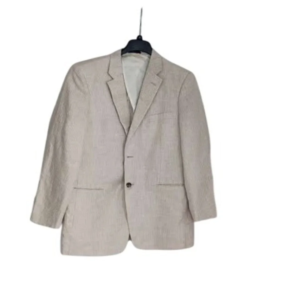 John W Nordstrom‎ Beige Herringbone Stripe 100% Linen Sport Coat Blazer 42R $395